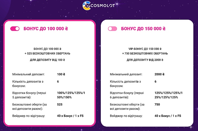 Вітальний бонус казино онлайн Космолот