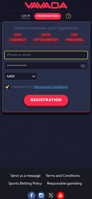 Сторінка реєстрації на сайті казино Vavada